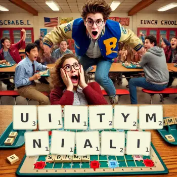 Kreatywna ilustracja do gry w Scrabble ze słowem UINTYMNIALI ułożonym z płytek na planszy.