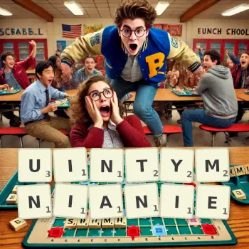 Kreatywna ilustracja do gry w Scrabble ze słowem UINTYMNIANIE ułożonym z płytek na planszy.