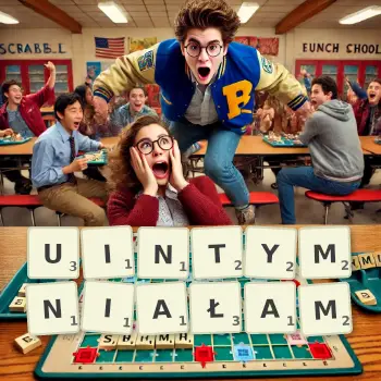 Kreatywna ilustracja do gry w Scrabble ze słowem UINTYMNIAŁAM ułożonym z płytek na planszy.