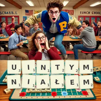 Kreatywna ilustracja do gry w Scrabble ze słowem UINTYMNIAŁEM ułożonym z płytek na planszy.