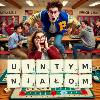 Kreatywna ilustracja do gry w Scrabble ze słowem UINTYMNIAŁOM ułożonym z płytek na planszy.