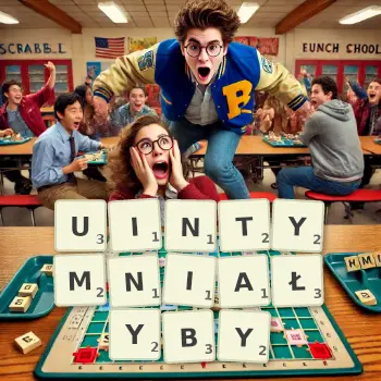 Kreatywna ilustracja do gry w Scrabble ze słowem UINTYMNIAŁYBY ułożonym z płytek na planszy.
