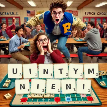 Kreatywna ilustracja do gry w Scrabble ze słowem UINTYMNIENI ułożonym z płytek na planszy.