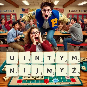 Kreatywna ilustracja do gry w Scrabble ze słowem UINTYMNIJMYŻ ułożonym z płytek na planszy.