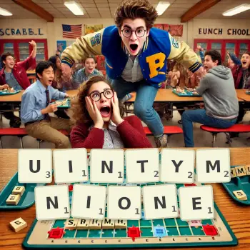 Kreatywna ilustracja do gry w Scrabble ze słowem UINTYMNIONE ułożonym z płytek na planszy.