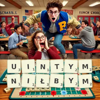 Kreatywna ilustracja do gry w Scrabble ze słowem UINTYMNIŁBYM ułożonym z płytek na planszy.