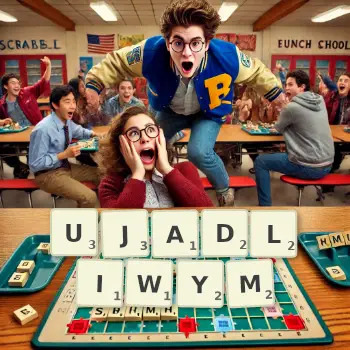 Kreatywna ilustracja do gry w Scrabble ze słowem UJADLIWYM ułożonym z płytek na planszy.