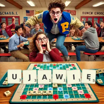 Kreatywna ilustracja do gry w Scrabble ze słowem UJAWIĘ ułożonym z płytek na planszy.