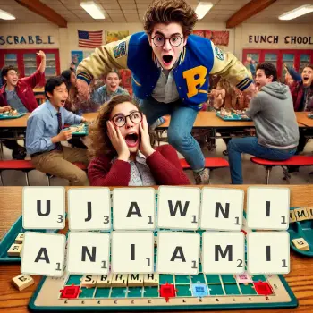 Kreatywna ilustracja do gry w Scrabble ze słowem UJAWNIANIAMI ułożonym z płytek na planszy.