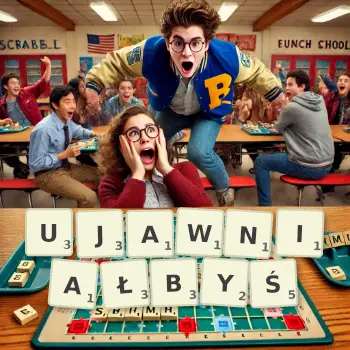 Kreatywna ilustracja do gry w Scrabble ze słowem UJAWNIAŁBYŚ ułożonym z płytek na planszy.