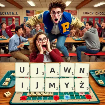 Kreatywna ilustracja do gry w Scrabble ze słowem UJAWNIJMYŻ ułożonym z płytek na planszy.