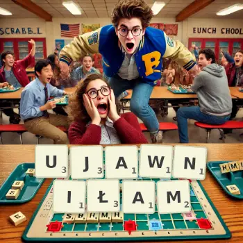 Kreatywna ilustracja do gry w Scrabble ze słowem UJAWNIŁAM ułożonym z płytek na planszy.