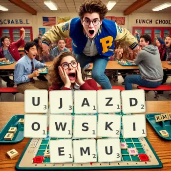 Kreatywna ilustracja do gry w Scrabble ze słowem UJAZDOWSKIEMU ułożonym z płytek na planszy.