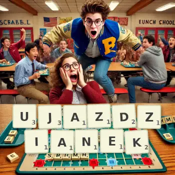 Kreatywna ilustracja do gry w Scrabble ze słowem UJAZDZIANEK ułożonym z płytek na planszy.