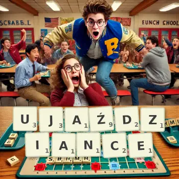 Kreatywna ilustracja do gry w Scrabble ze słowem UJAŹDZIANCE ułożonym z płytek na planszy.