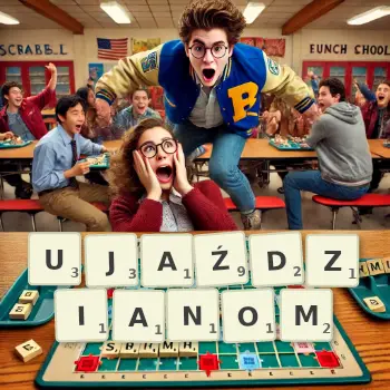 Kreatywna ilustracja do gry w Scrabble ze słowem UJAŹDZIANOM ułożonym z płytek na planszy.