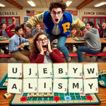 Kreatywna ilustracja do gry w Scrabble ze słowem UJEBYWALISMY ułożonym z płytek na planszy.