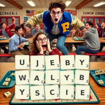 Kreatywna ilustracja do gry w Scrabble ze słowem UJEBYWALYBYSCIE ułożonym z płytek na planszy.