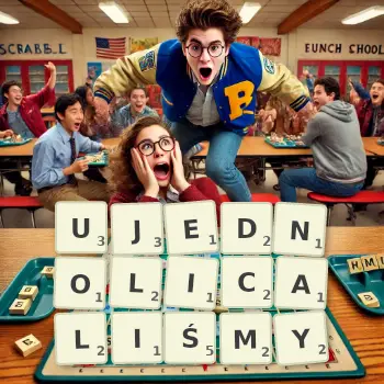 Kreatywna ilustracja do gry w Scrabble ze słowem UJEDNOLICALIŚMY ułożonym z płytek na planszy.