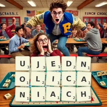 Kreatywna ilustracja do gry w Scrabble ze słowem UJEDNOLICANIACH ułożonym z płytek na planszy.