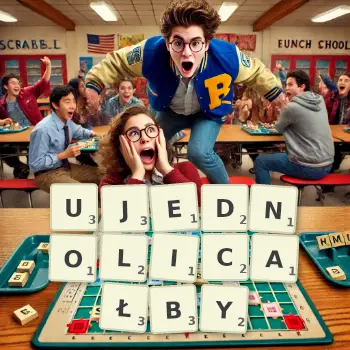 Kreatywna ilustracja do gry w Scrabble ze słowem UJEDNOLICAŁBY ułożonym z płytek na planszy.