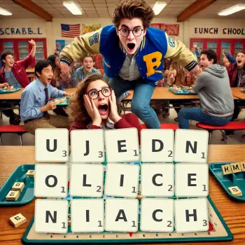 Kreatywna ilustracja do gry w Scrabble ze słowem UJEDNOLICENIACH ułożonym z płytek na planszy.