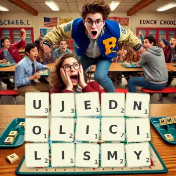 Kreatywna ilustracja do gry w Scrabble ze słowem UJEDNOLICILISMY ułożonym z płytek na planszy.