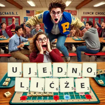 Kreatywna ilustracja do gry w Scrabble ze słowem UJEDNOLIĆŻE ułożonym z płytek na planszy.
