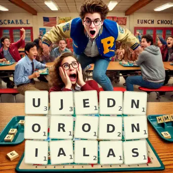 Kreatywna ilustracja do gry w Scrabble ze słowem UJEDNORODNIALAS ułożonym z płytek na planszy.