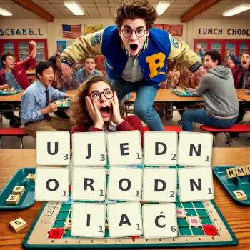 Kreatywna ilustracja do gry w Scrabble ze słowem UJEDNORODNIAĆ ułożonym z płytek na planszy.