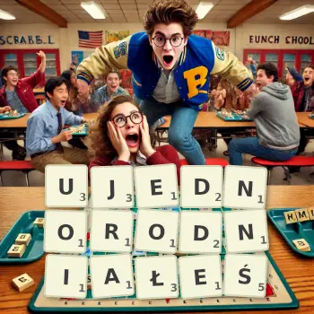 Kreatywna ilustracja do gry w Scrabble ze słowem UJEDNORODNIAŁEŚ ułożonym z płytek na planszy.