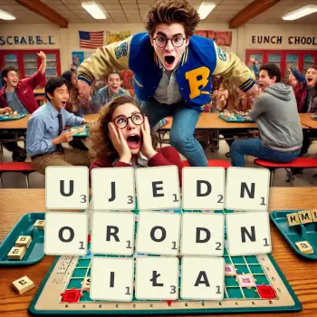 Kreatywna ilustracja do gry w Scrabble ze słowem UJEDNORODNIŁA ułożonym z płytek na planszy.