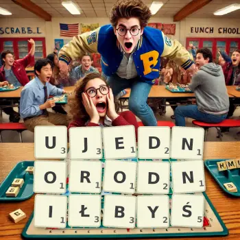 Kreatywna ilustracja do gry w Scrabble ze słowem UJEDNORODNIŁBYŚ ułożonym z płytek na planszy.