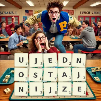 Kreatywna ilustracja do gry w Scrabble ze słowem UJEDNOSTAJNIJZE ułożonym z płytek na planszy.