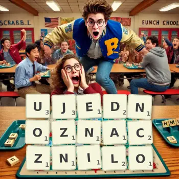 Kreatywna ilustracja do gry w Scrabble ze słowem UJEDNOZNACZNILO ułożonym z płytek na planszy.