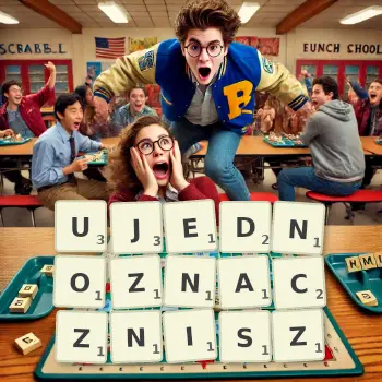 Kreatywna ilustracja do gry w Scrabble ze słowem UJEDNOZNACZNISZ ułożonym z płytek na planszy.