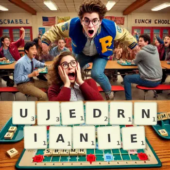 Kreatywna ilustracja do gry w Scrabble ze słowem UJEDRNIANIE ułożonym z płytek na planszy.