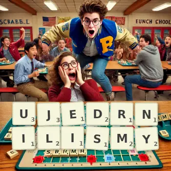 Kreatywna ilustracja do gry w Scrabble ze słowem UJEDRNILISMY ułożonym z płytek na planszy.