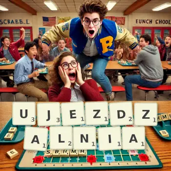 Kreatywna ilustracja do gry w Scrabble ze słowem UJEZDZALNIA ułożonym z płytek na planszy.