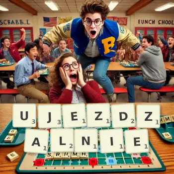 Kreatywna ilustracja do gry w Scrabble ze słowem UJEZDZALNIE ułożonym z płytek na planszy.