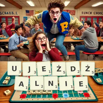 Kreatywna ilustracja do gry w Scrabble ze słowem UJEŻDŻALNIE ułożonym z płytek na planszy.