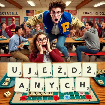 Kreatywna ilustracja do gry w Scrabble ze słowem UJEŻDŻANYCH ułożonym z płytek na planszy.