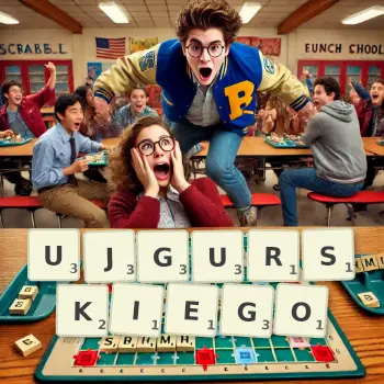 Kreatywna ilustracja do gry w Scrabble ze słowem UJGURSKIEGO ułożonym z płytek na planszy.