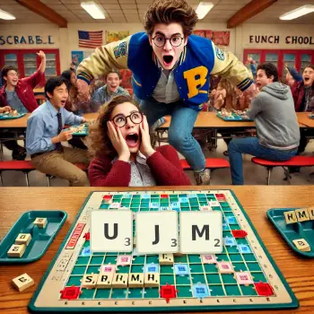 Kreatywna ilustracja do gry w Scrabble ze słowem UJM ułożonym z płytek na planszy.