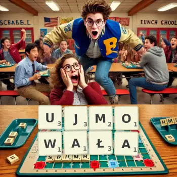 Kreatywna ilustracja do gry w Scrabble ze słowem UJMOWAŁA ułożonym z płytek na planszy.