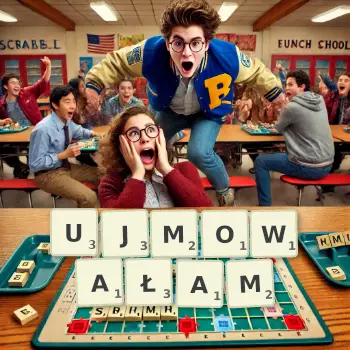 Kreatywna ilustracja do gry w Scrabble ze słowem UJMOWAŁAM ułożonym z płytek na planszy.