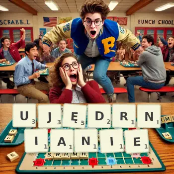 Kreatywna ilustracja do gry w Scrabble ze słowem UJĘDRNIANIE ułożonym z płytek na planszy.