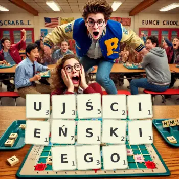 Kreatywna ilustracja do gry w Scrabble ze słowem UJŚCIEŃSKIEGO ułożonym z płytek na planszy.
