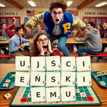 Kreatywna ilustracja do gry w Scrabble ze słowem UJŚCIEŃSKIEMU ułożonym z płytek na planszy.