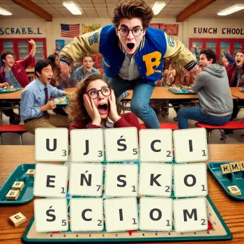 Kreatywna ilustracja do gry w Scrabble ze słowem UJŚCIEŃSKOŚCIOM ułożonym z płytek na planszy.